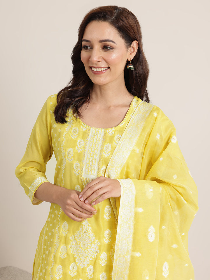 Yellow Woven Design Chanderi Silk Straight Suit Set With Dupatta