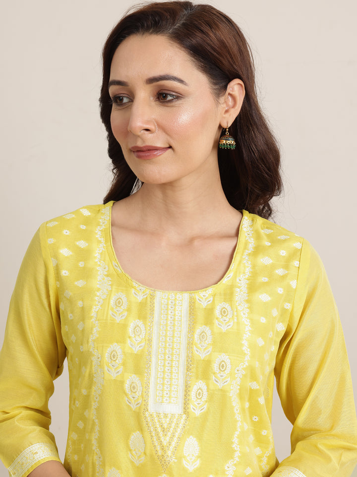 Yellow Woven Design Chanderi Silk Straight Suit Set With Dupatta