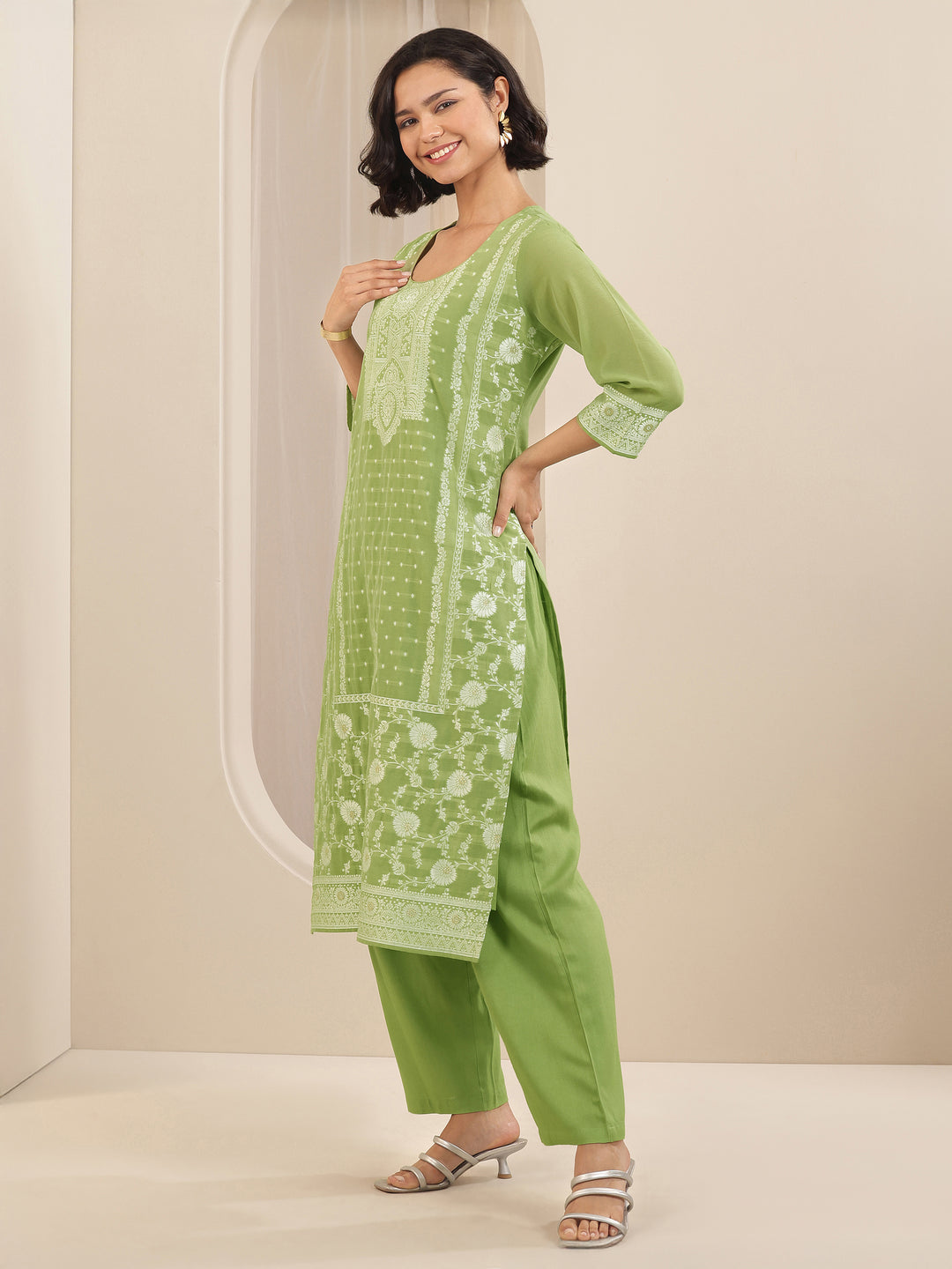 Green Self Design Chanderi Silk Straight Suit Sets With Dupatta