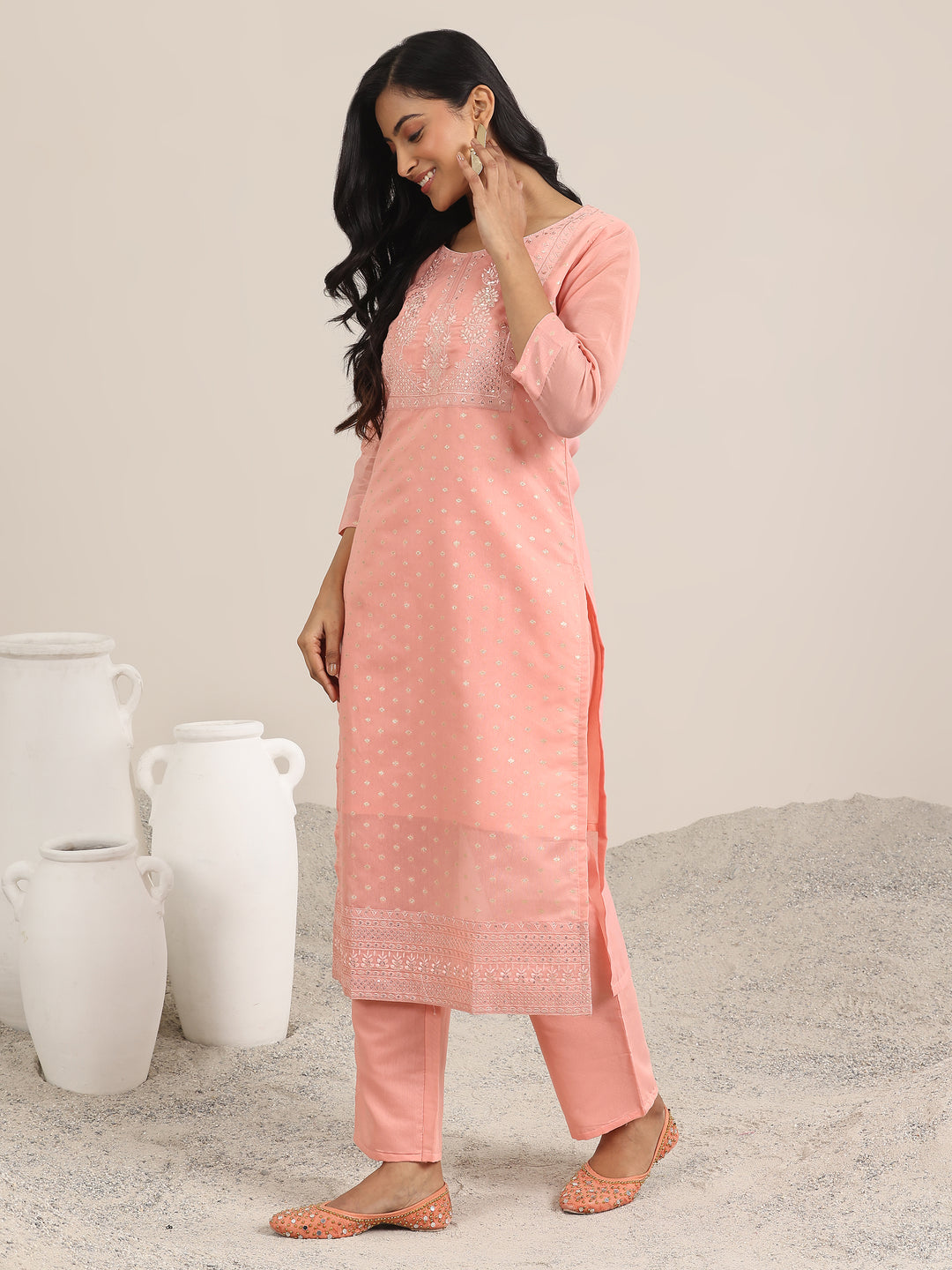 Peach Woven Design Chanderi Silk Straight Suit With Dupatta