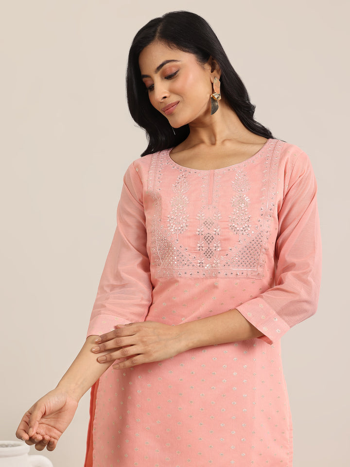 Peach Woven Design Chanderi Silk Straight Suit With Dupatta