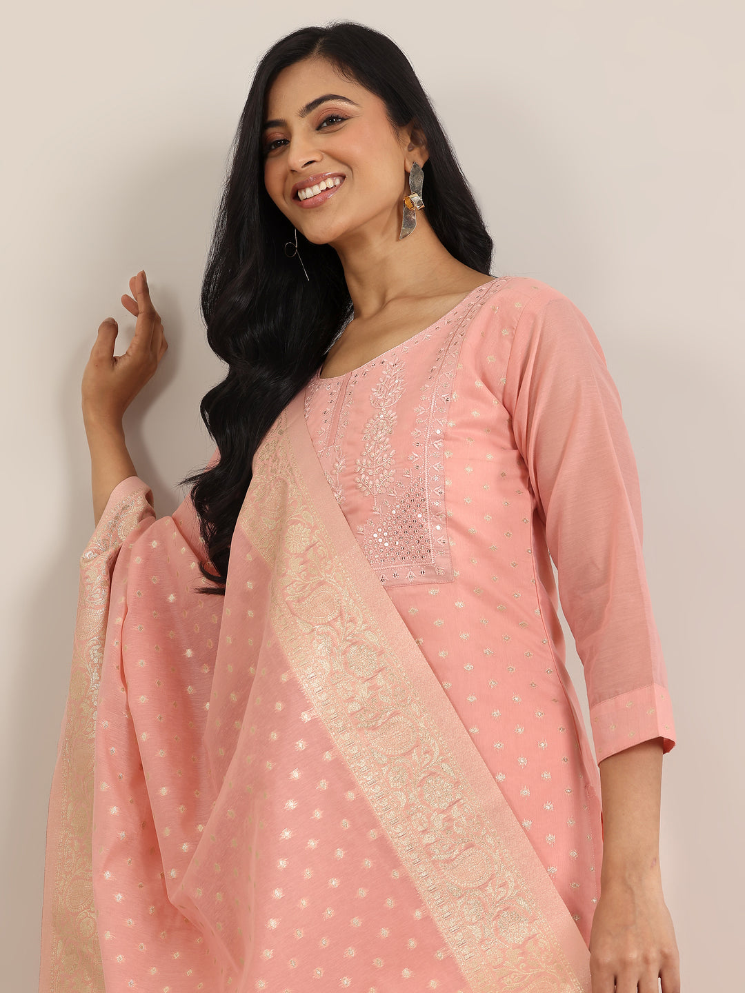 Peach Woven Design Chanderi Silk Straight Suit With Dupatta