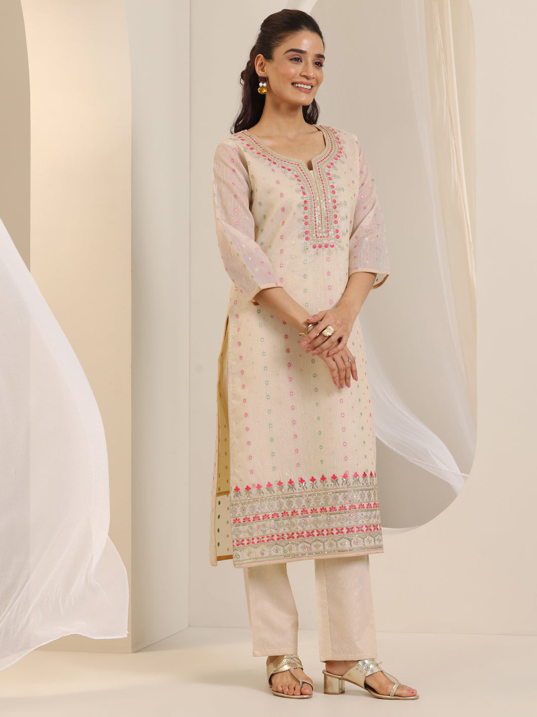 Off White Woven Design Chanderi Silk Straight Suit Set With Dupatta