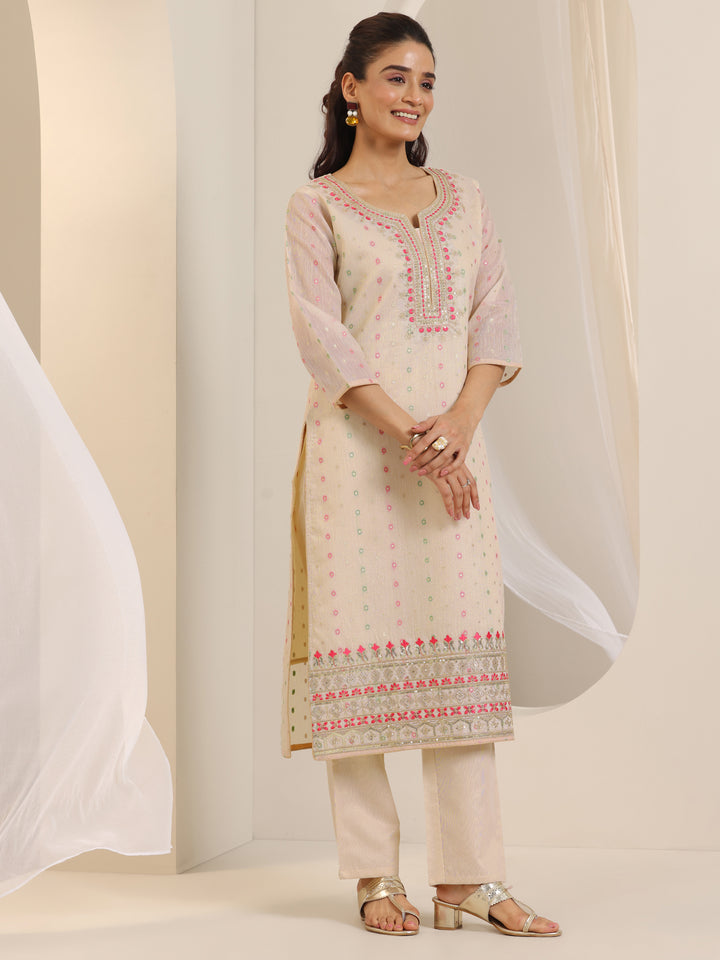 Off White Woven Design Chanderi Silk Straight Suit Set With Dupatta