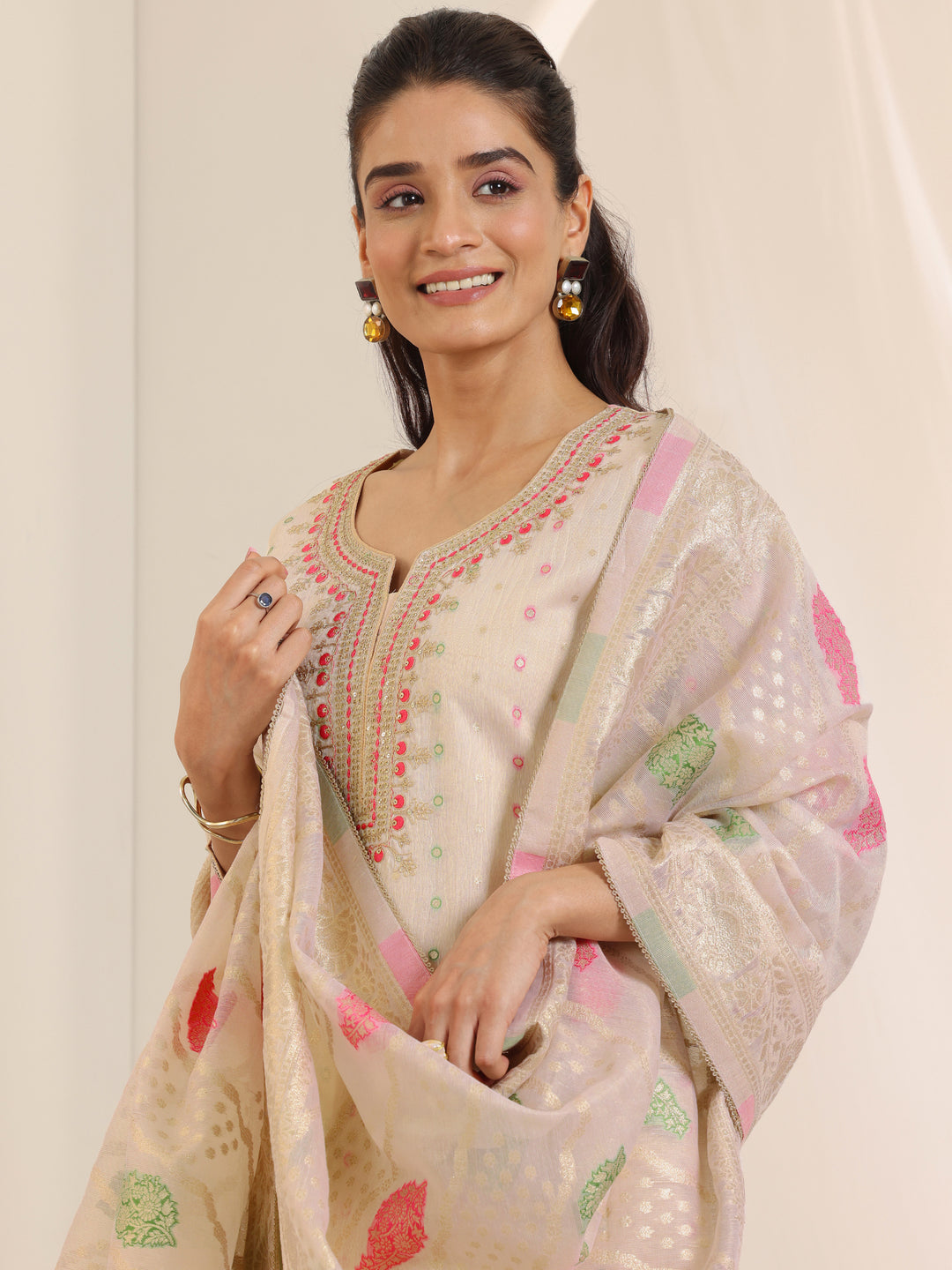 Off White Woven Design Chanderi Silk Straight Suit Set With Dupatta