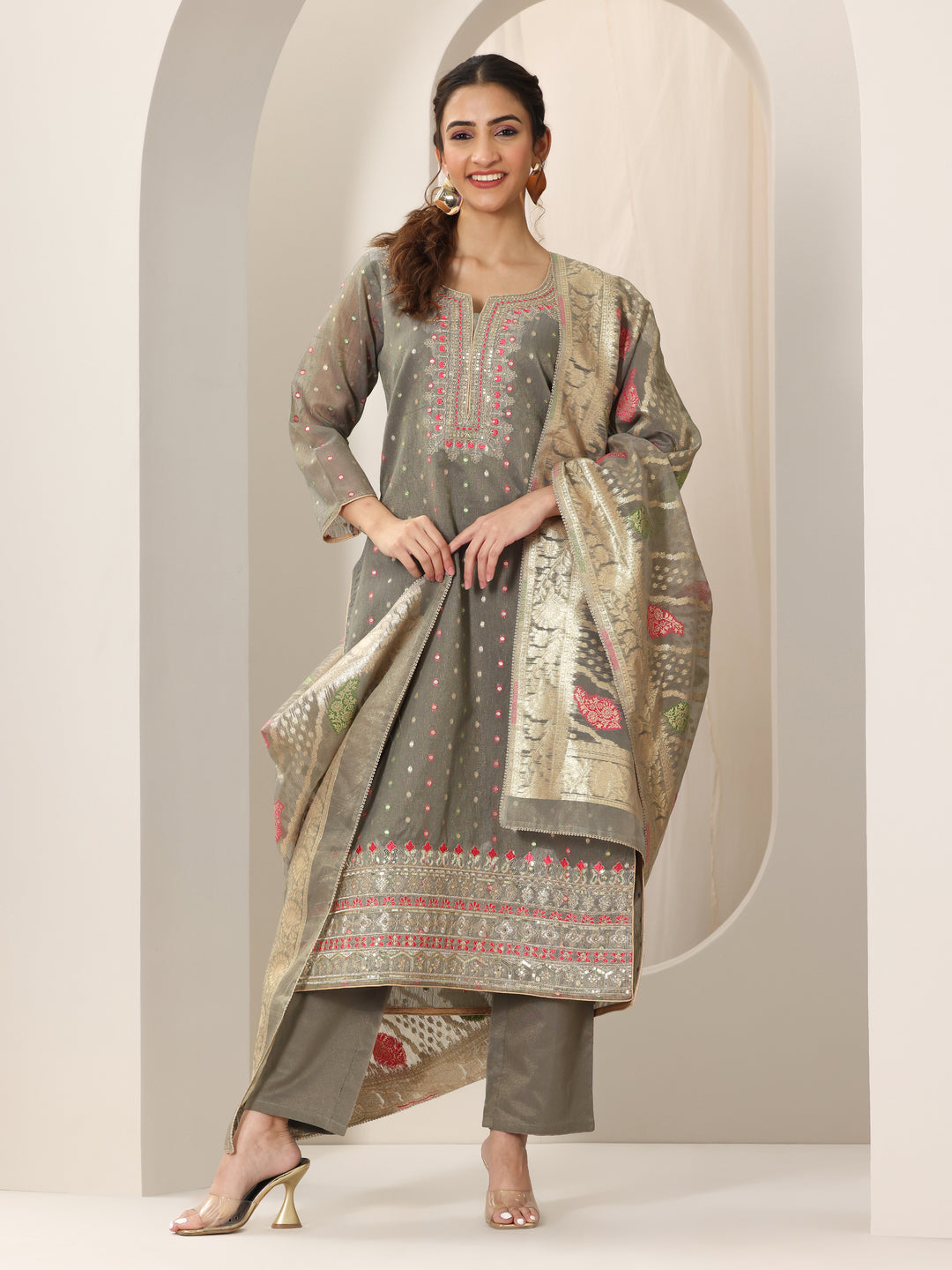 Grey Woven Design Chanderi Silk Straight Suit Set With Dupatta