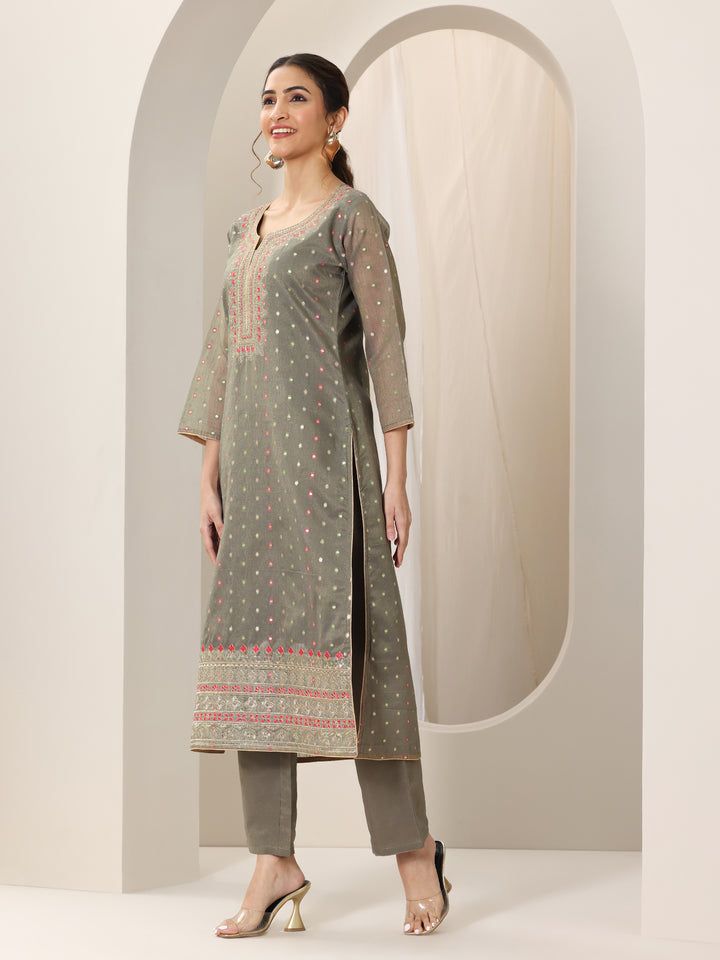 Grey Woven Design Chanderi Silk Straight Suit Set With Dupatta