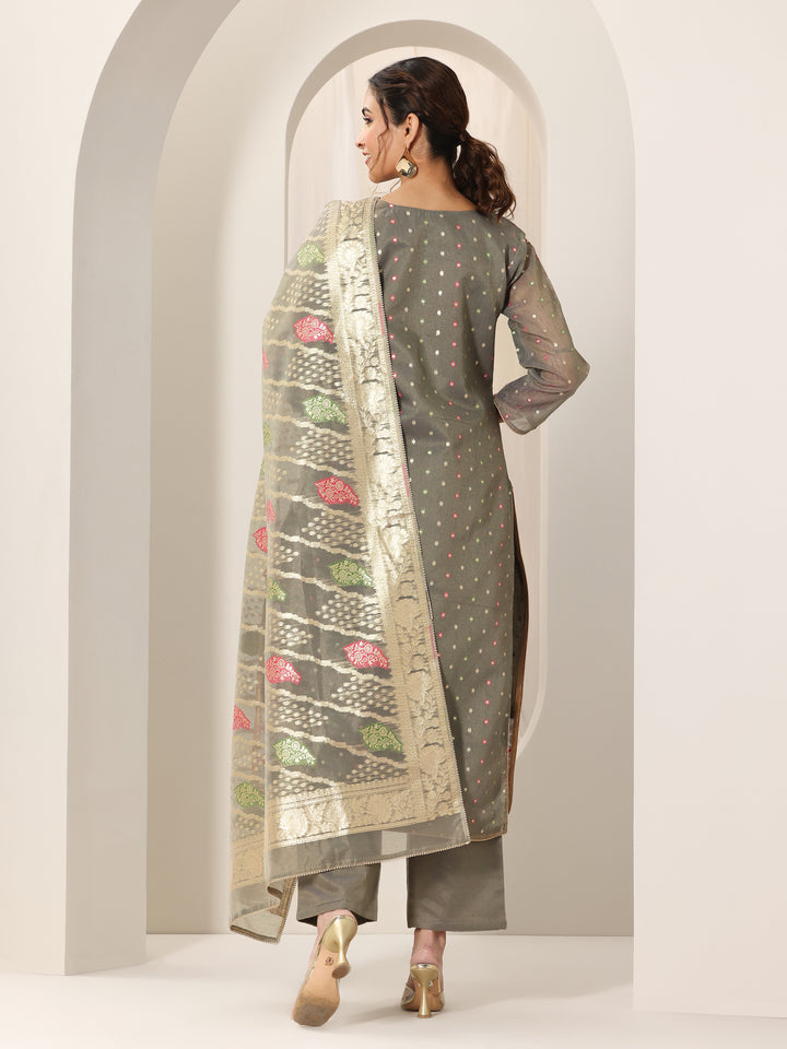 Grey Woven Design Chanderi Silk Straight Suit Set With Dupatta