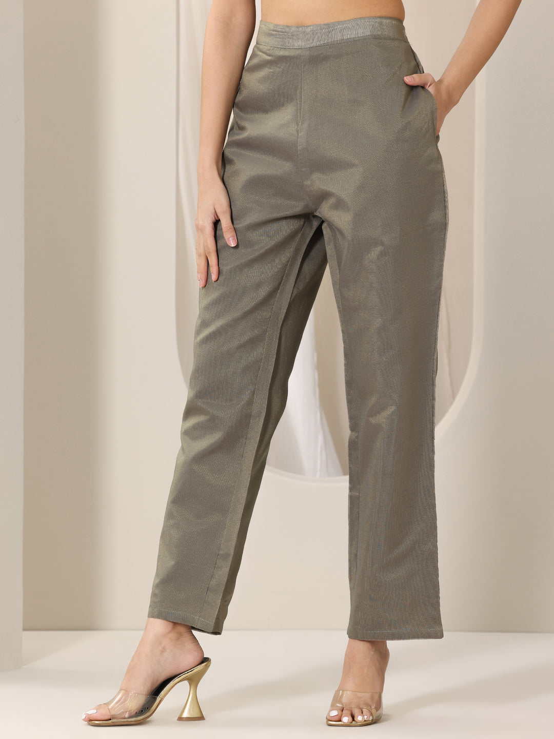 Grey Woven Design Chanderi Silk Straight Suit Set With Dupatta