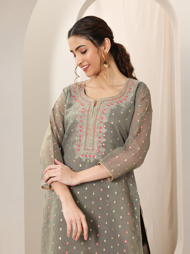 Grey Woven Design Chanderi Silk Straight Suit Set With Dupatta