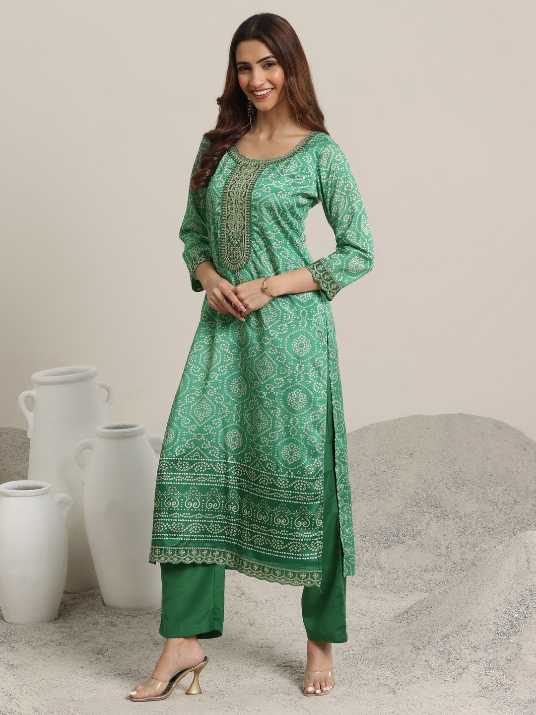 Green Printed Chinon Straight  Suits With Dupatta