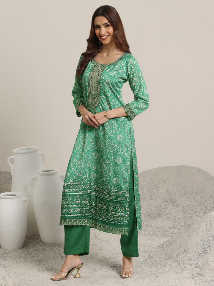 Green Printed Chinon Straight  Suits With Dupatta