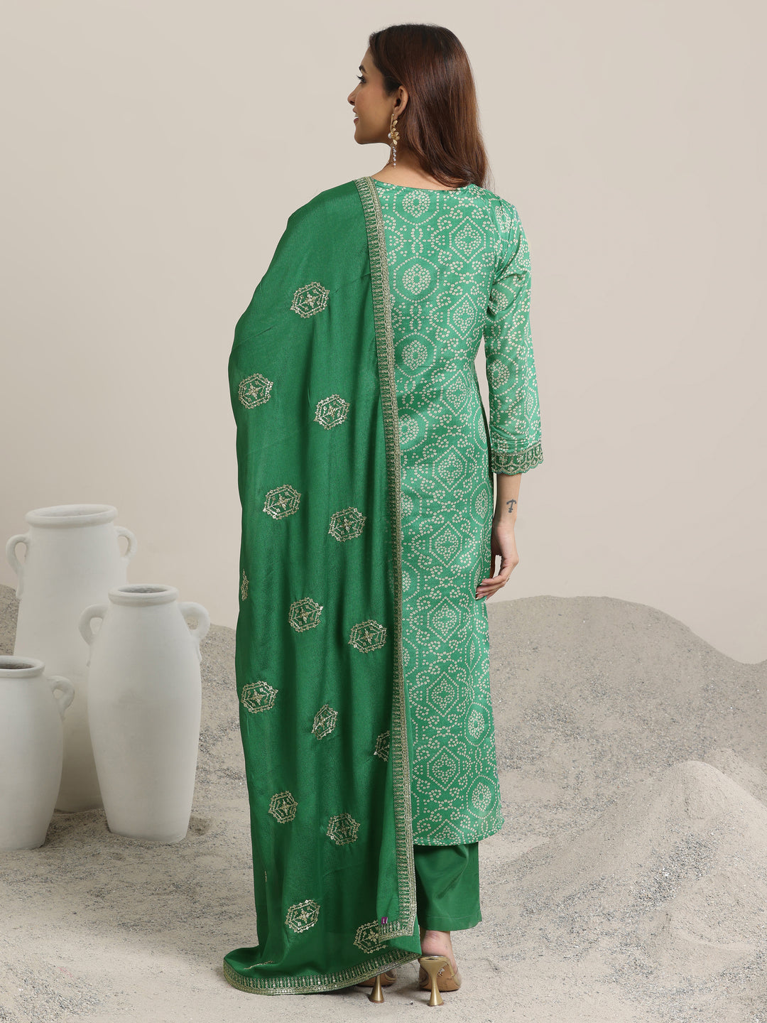 Green Printed Chinon Straight  Suits With Dupatta