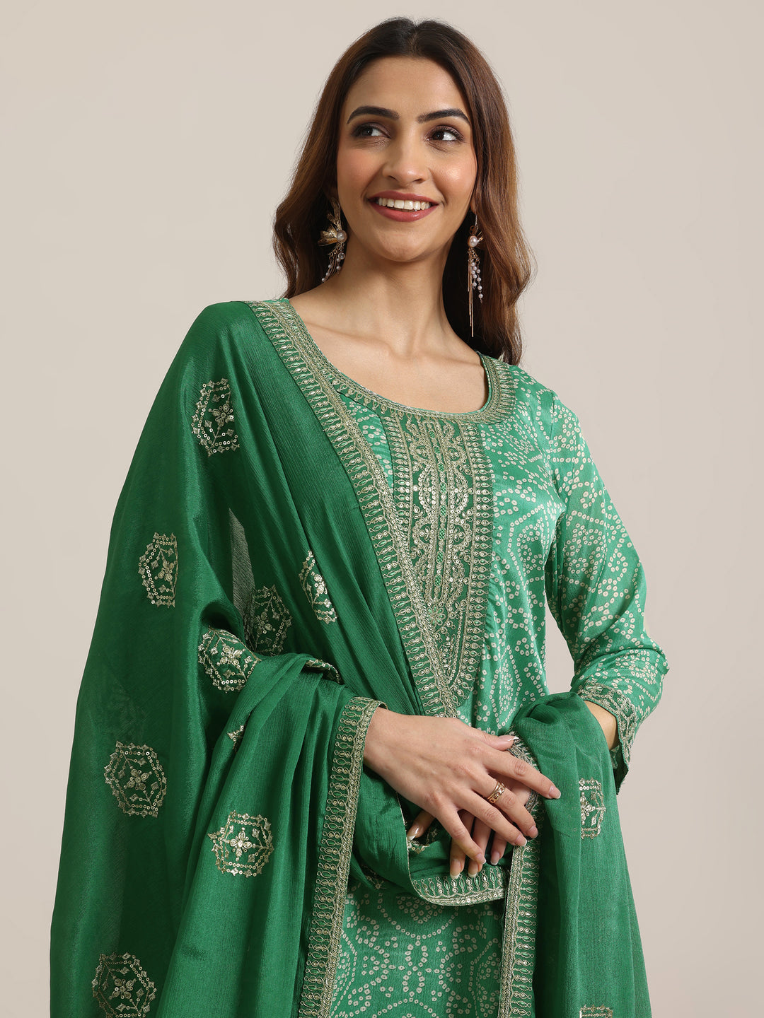 Green Printed Chinon Straight  Suits With Dupatta