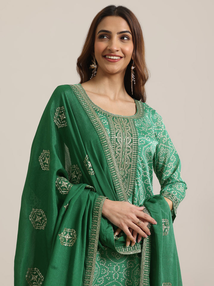Green Printed Chinon Straight  Suits With Dupatta