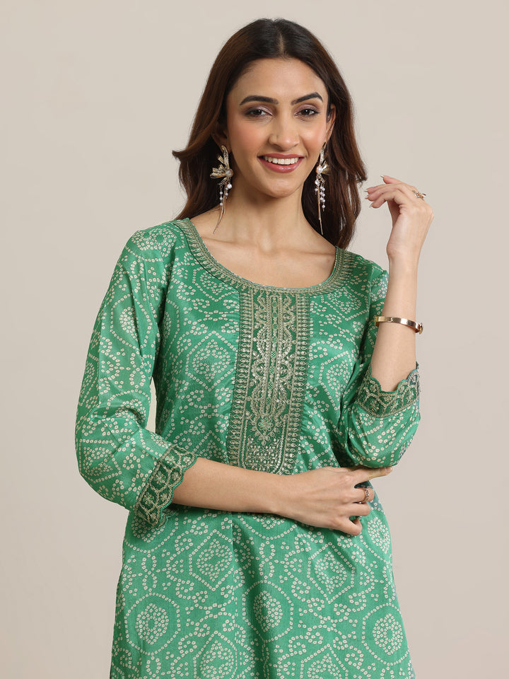 Green Printed Chinon Straight  Suits With Dupatta