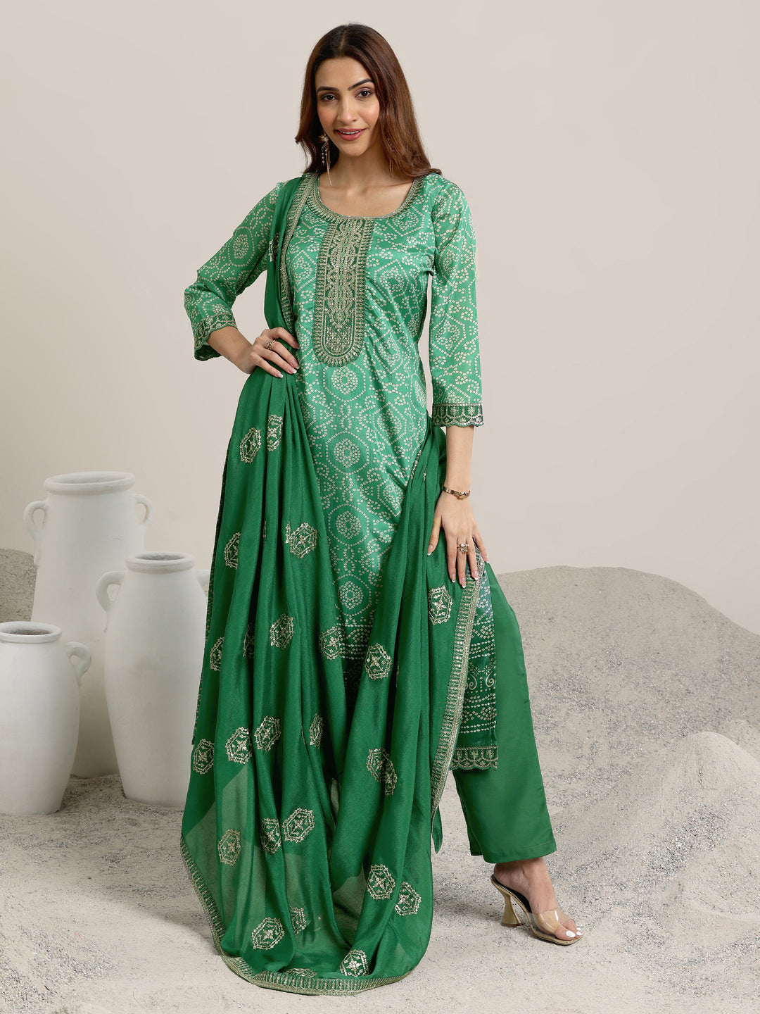 Green Printed Chinon Straight  Suits With Dupatta