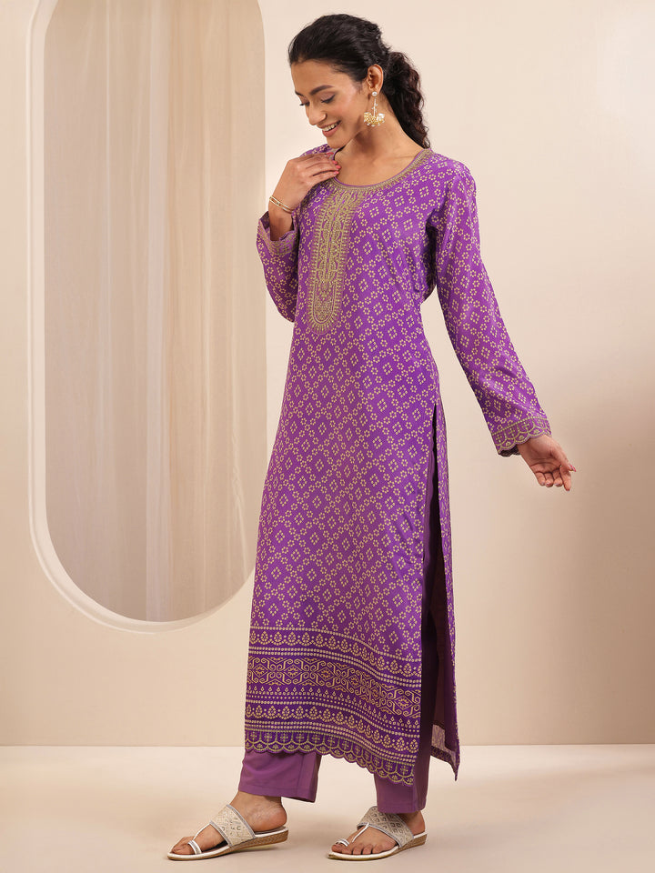 Lavender Printed Chinon Straight Suit Sets With Dupatta
