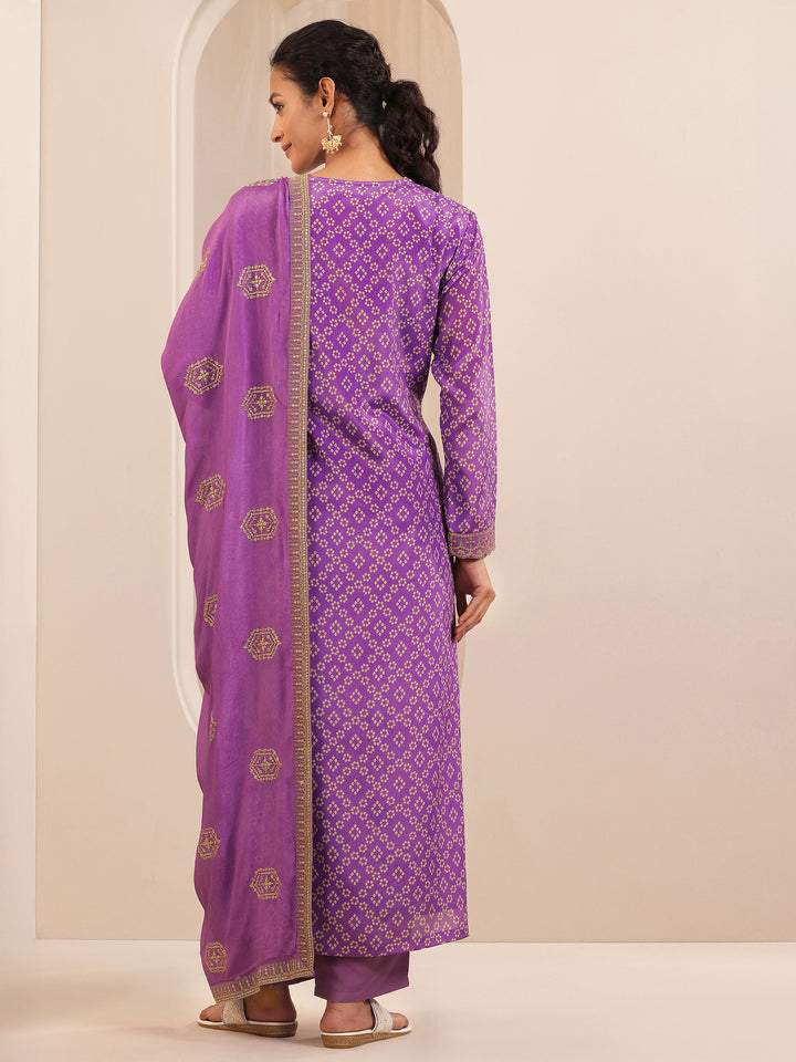 Lavender Printed Chinon Straight Suit Sets With Dupatta