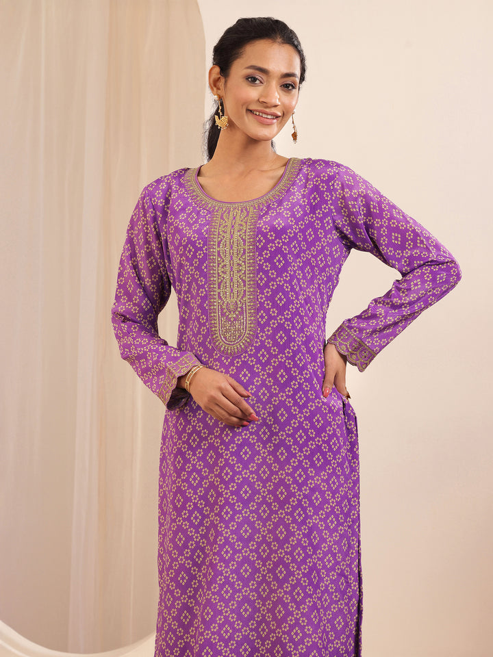 Lavender Printed Chinon Straight Suit Sets With Dupatta