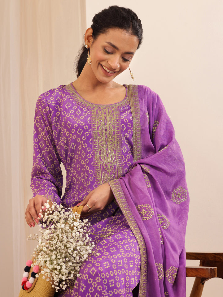 Lavender Printed Chinon Straight Suit Sets With Dupatta