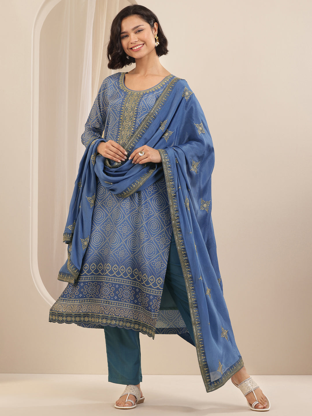 Blue Printed Chinon Straight Suit Sets With Dupatta