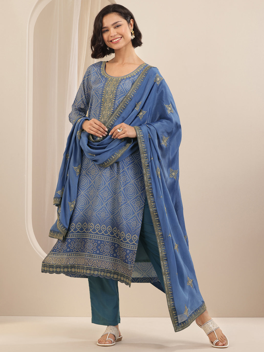 Blue Printed Chinon Straight Suit Sets With Dupatta