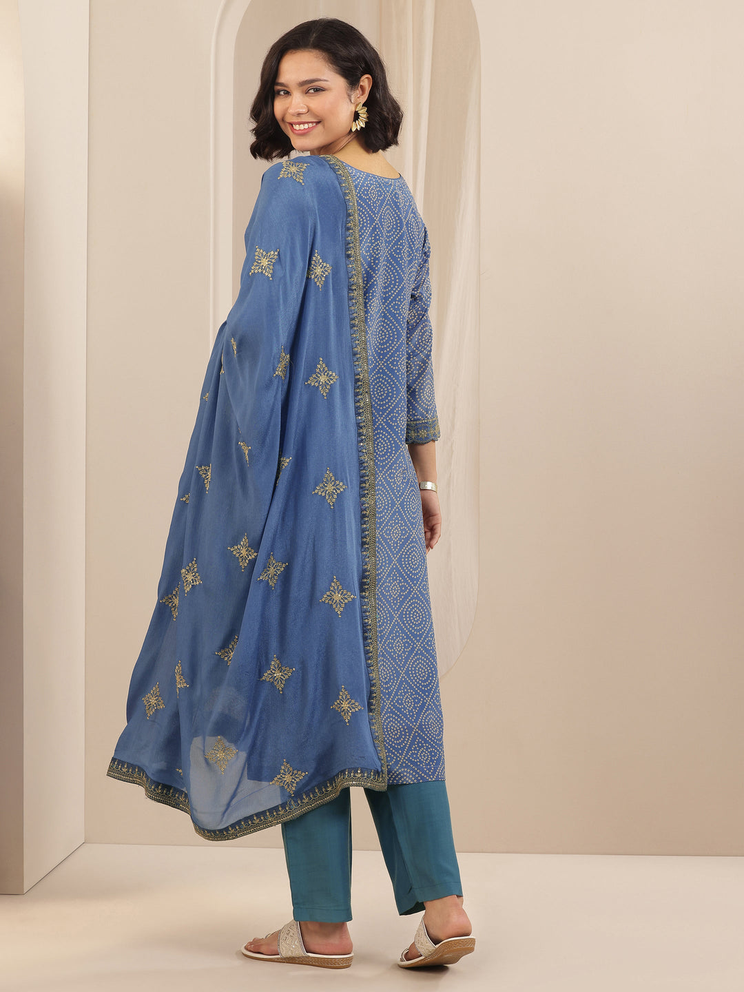 Blue Printed Chinon Straight Suit Sets With Dupatta