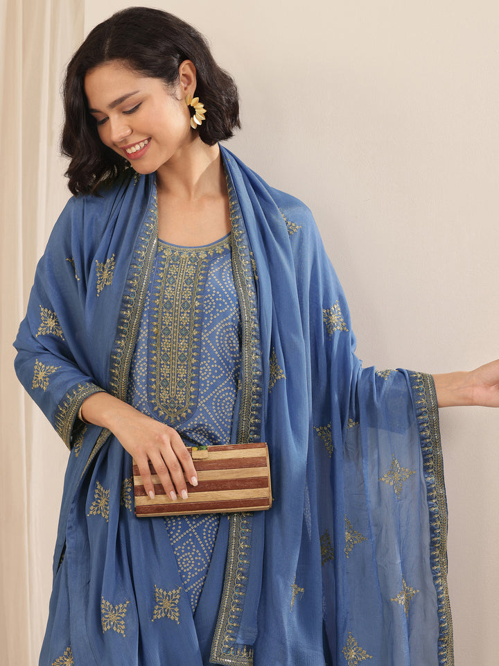 Blue Printed Chinon Straight Suit Sets With Dupatta