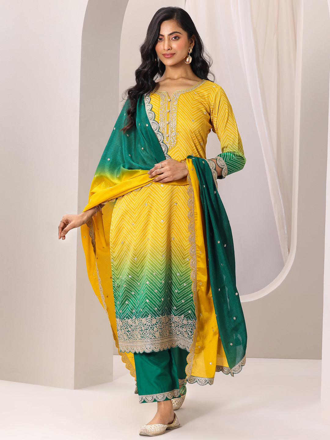 Mustard Printed Chinon Straight Suit Set With Dupatta