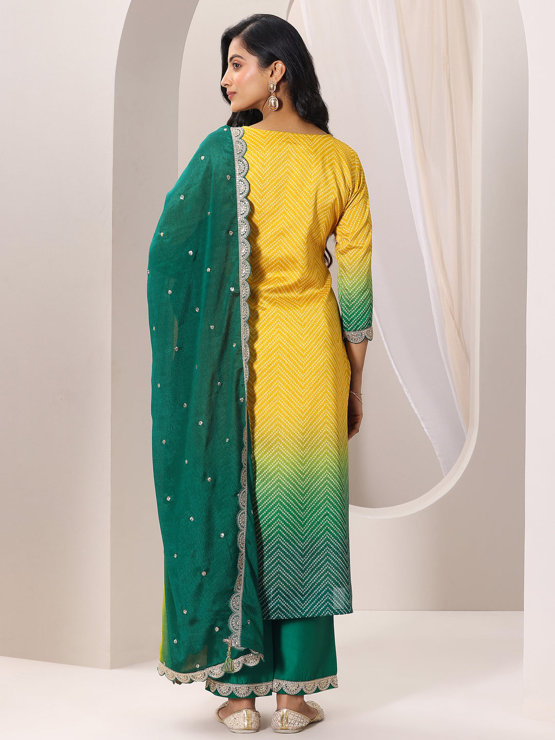 Mustard Printed Chinon Straight Suit Set With Dupatta