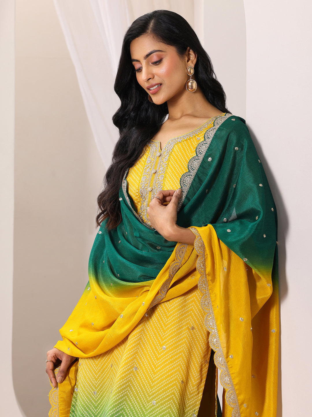 Mustard Printed Chinon Straight Suit Set With Dupatta