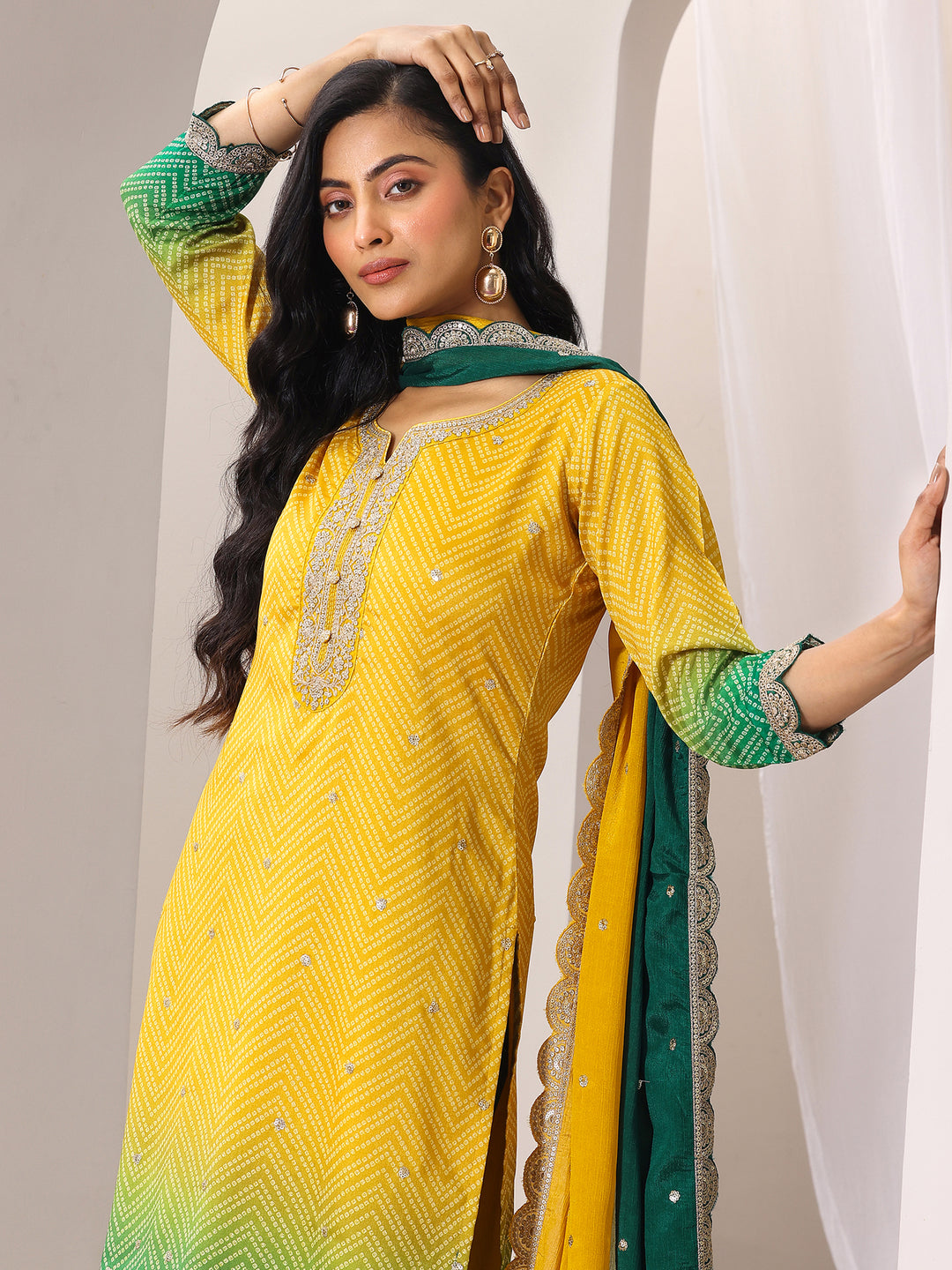 Mustard Printed Chinon Straight Suit Set With Dupatta
