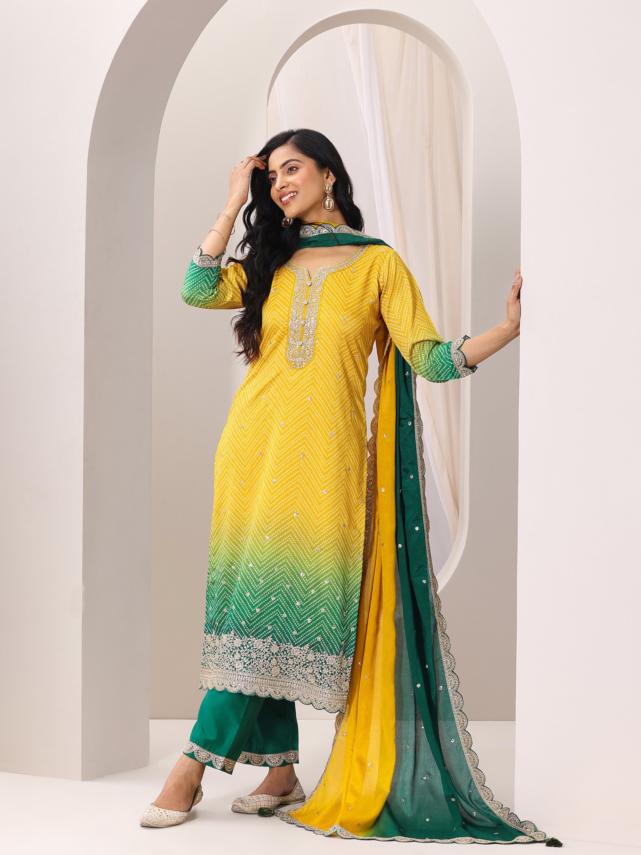 Mustard Embroidered Chinon Straight Suit Sets With Dupatta