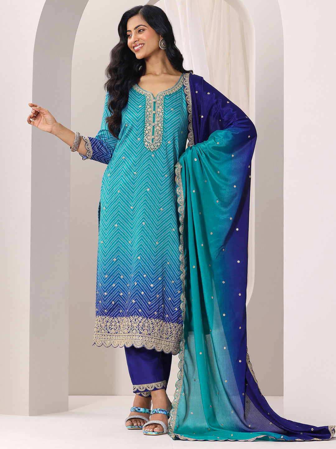 Blue Printed Chinon Straight Suit Set With Dupatta