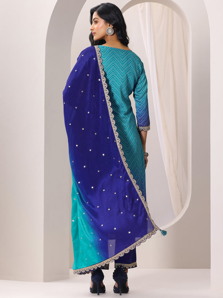 Blue Printed Chinon Straight Suit Set With Dupatta