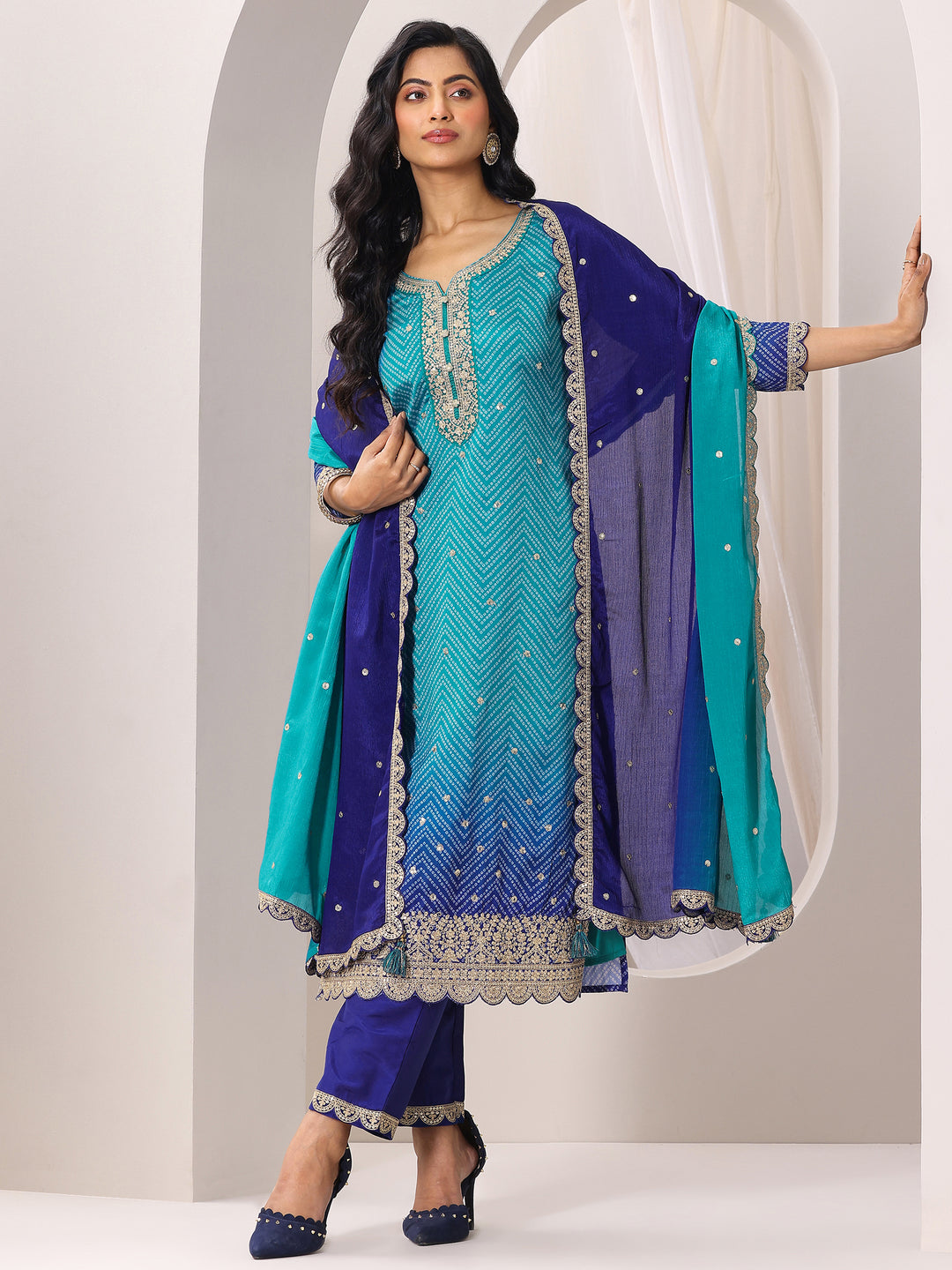 Blue Printed Chinon Straight Suit Set With Dupatta