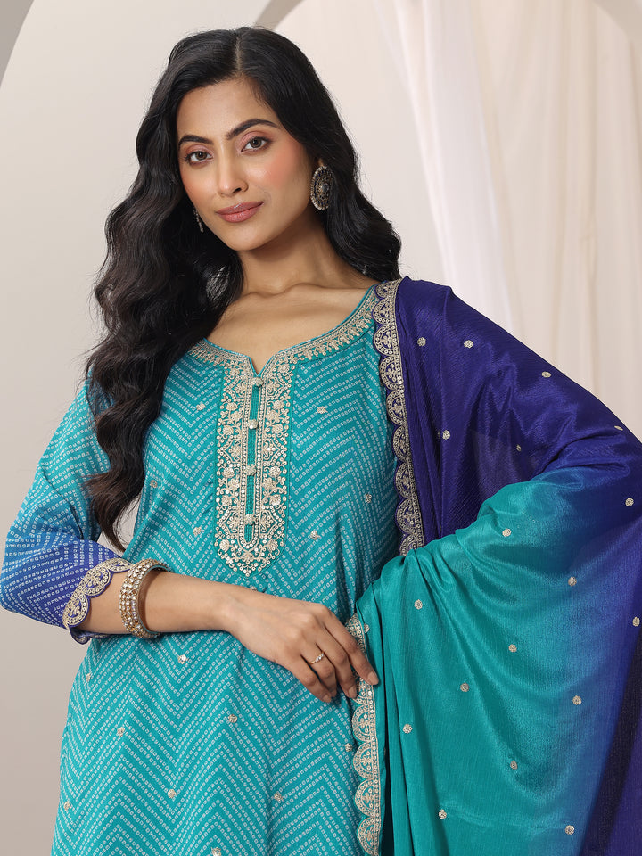 Blue Printed Chinon Straight Suit Set With Dupatta