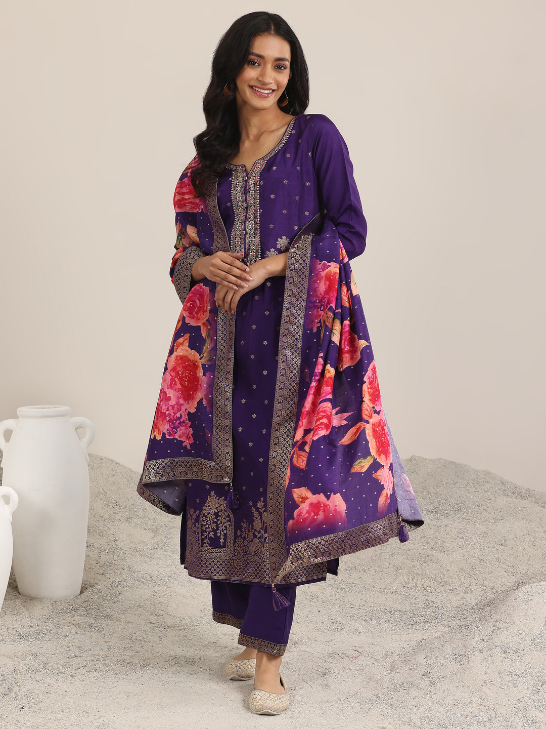 Purple Woven Design Silk Blend Straight Suit With Dupatta