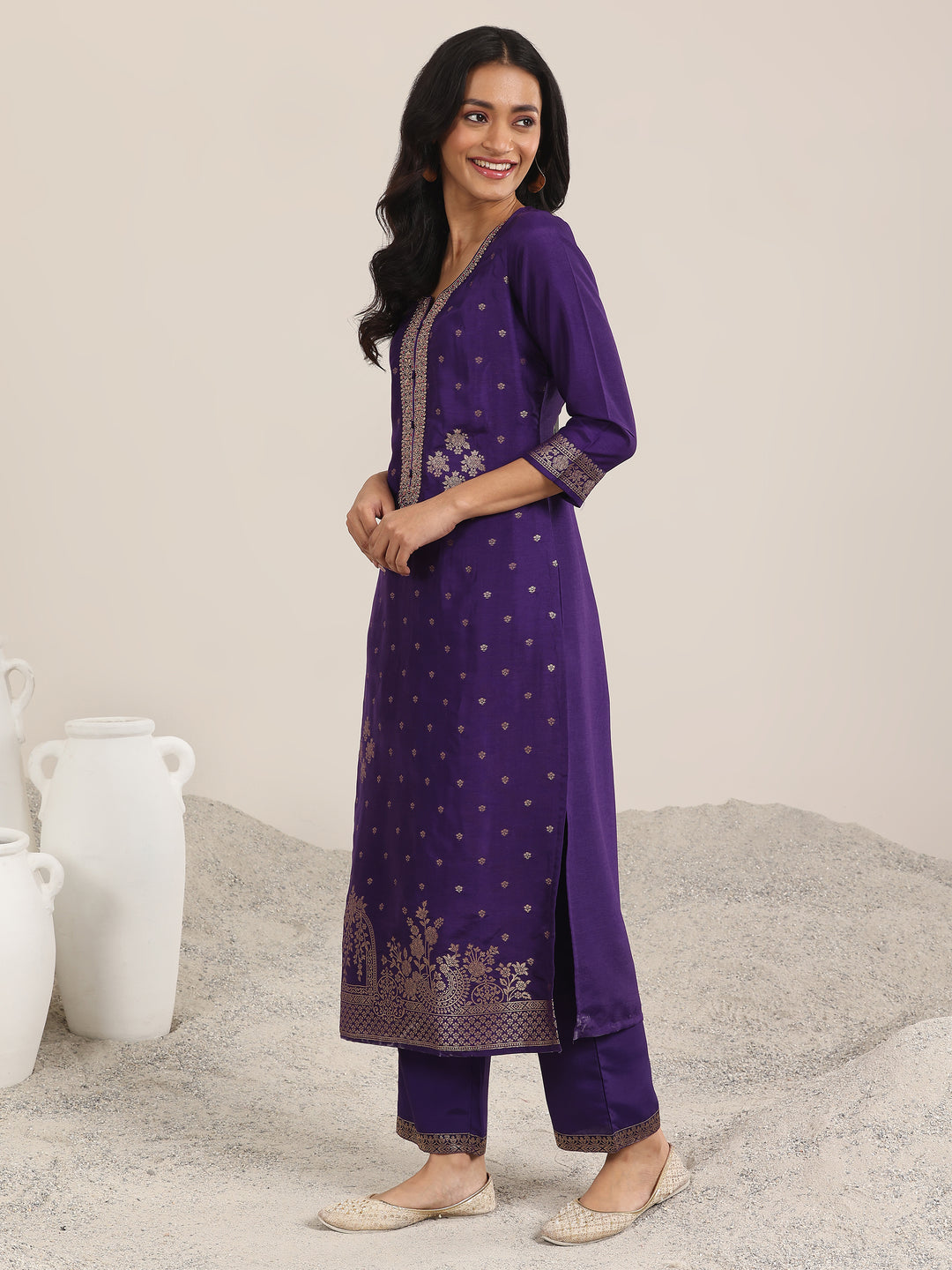 Purple Woven Design Silk Blend Straight Suit With Dupatta