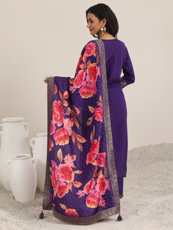 Purple Woven Design Silk Blend Straight Suit With Dupatta