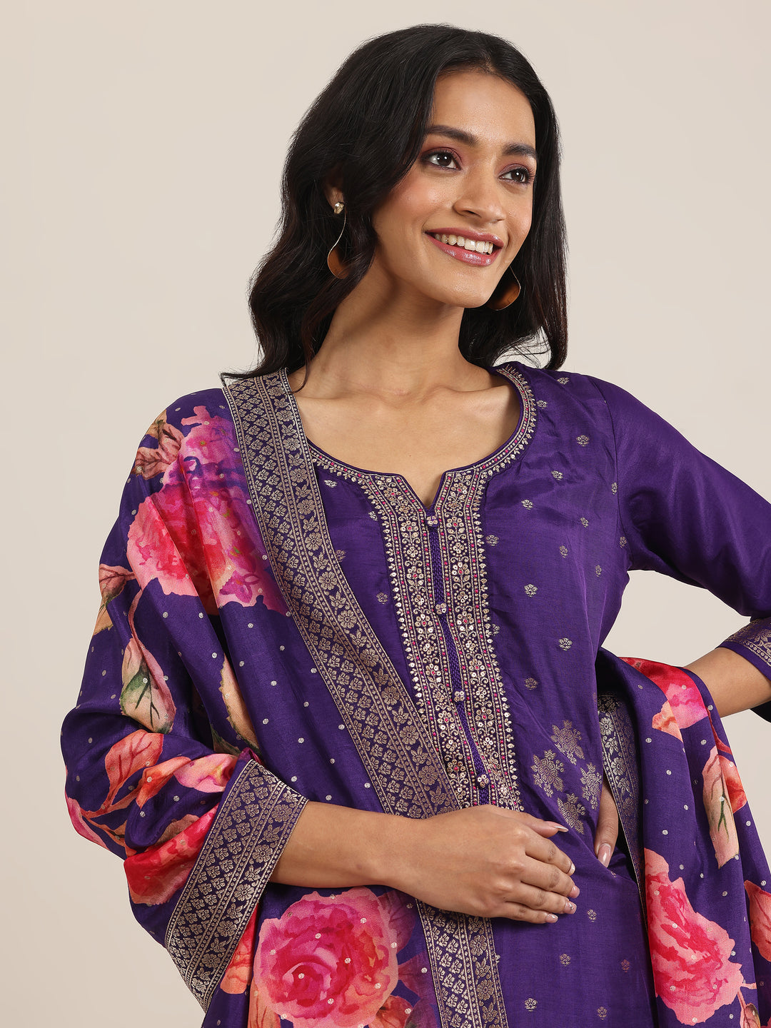 Purple Woven Design Silk Blend Straight Suit With Dupatta