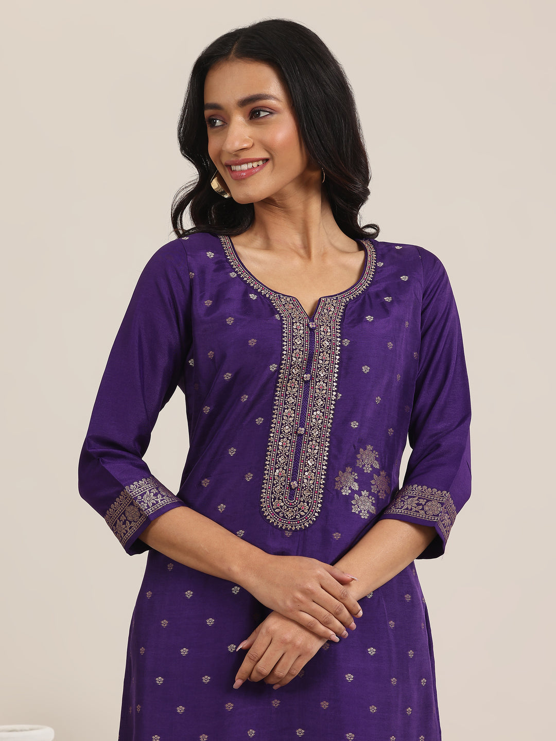 Purple Woven Design Silk Blend Straight Suit With Dupatta