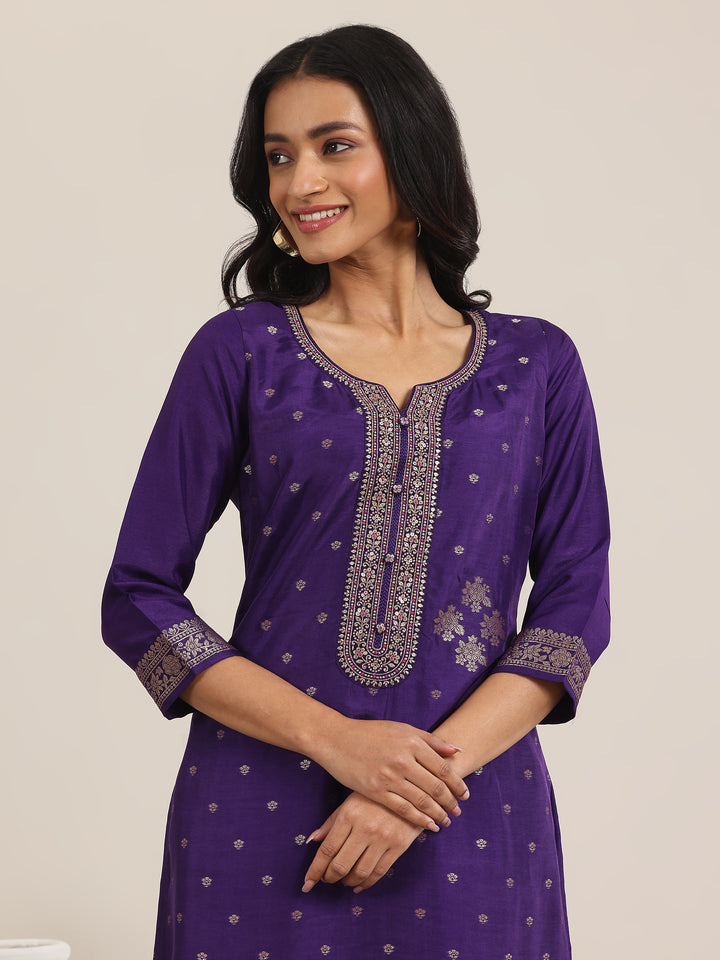 Purple Woven Design Silk Blend Straight Suit With Dupatta