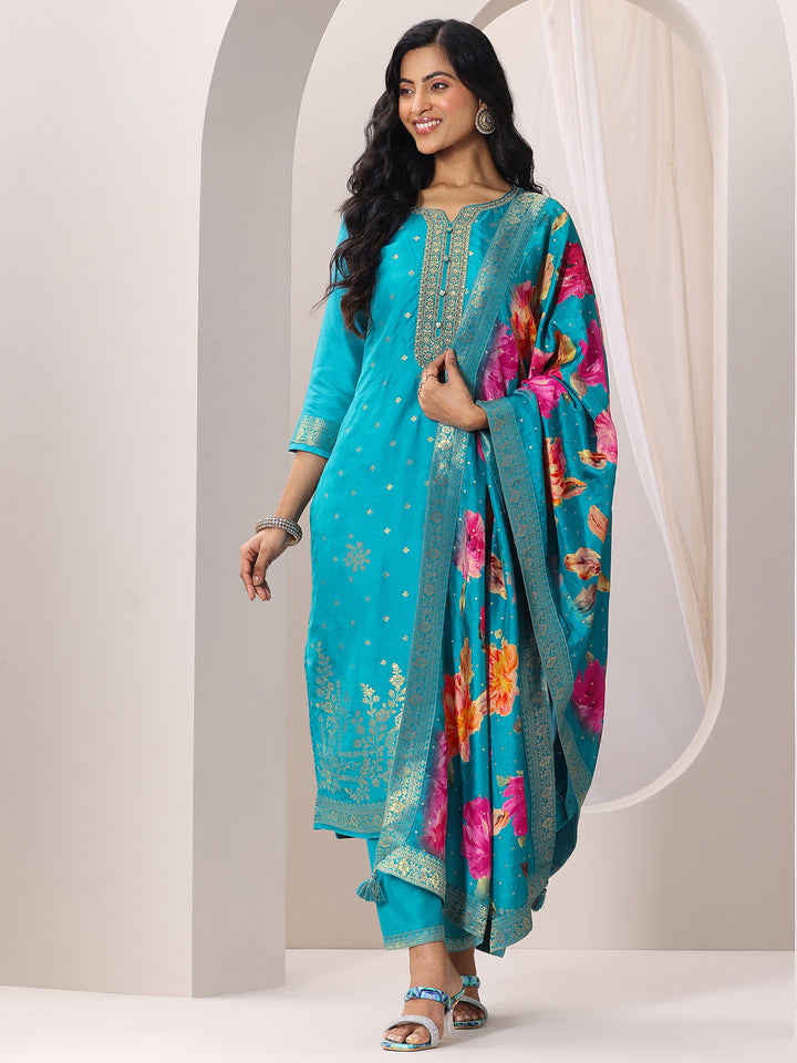 Rama Woven Design Silk Blend Straight Suit Set With Dupatta