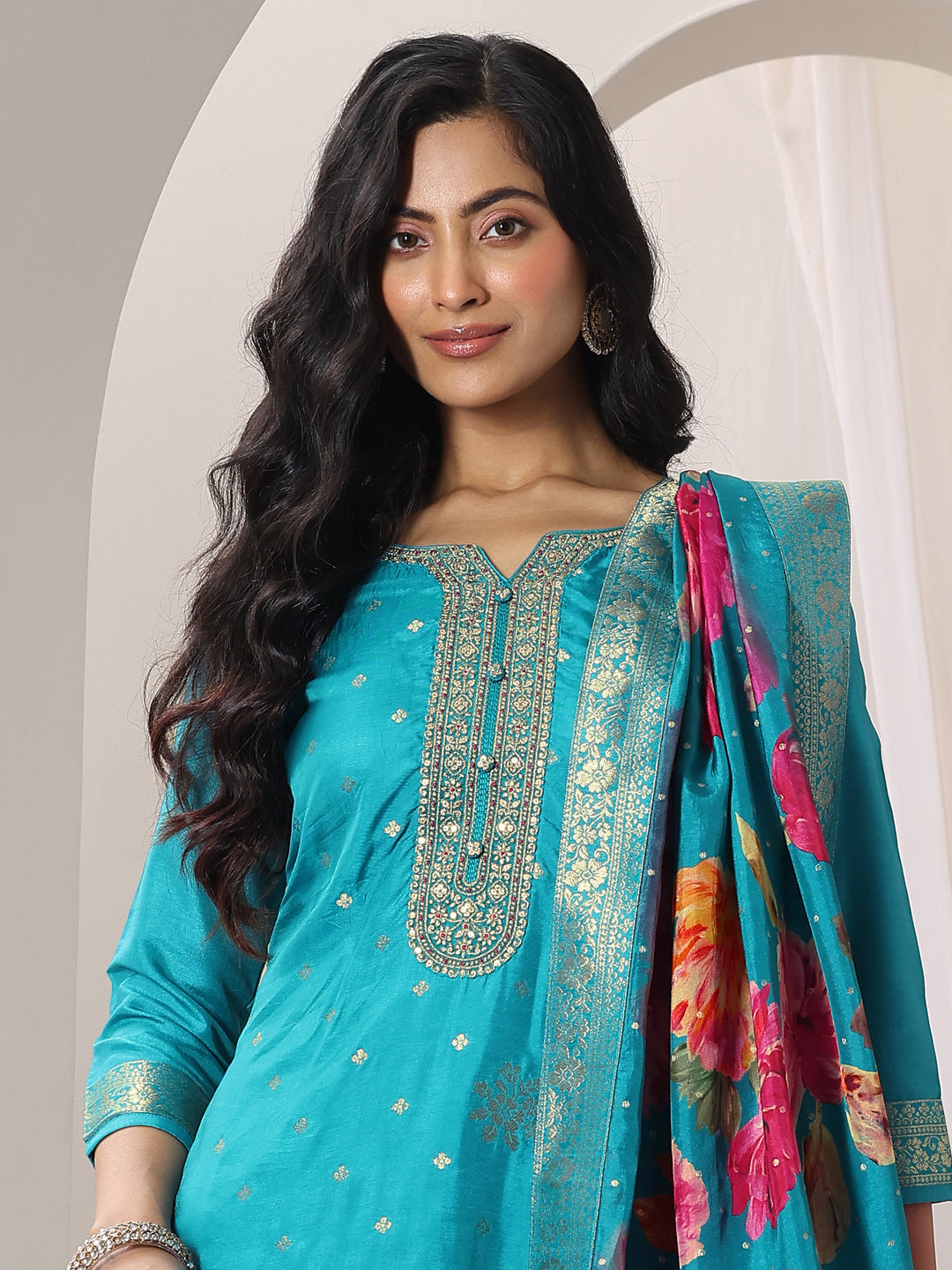 Rama Woven Design Silk Blend Straight Suit Set With Dupatta