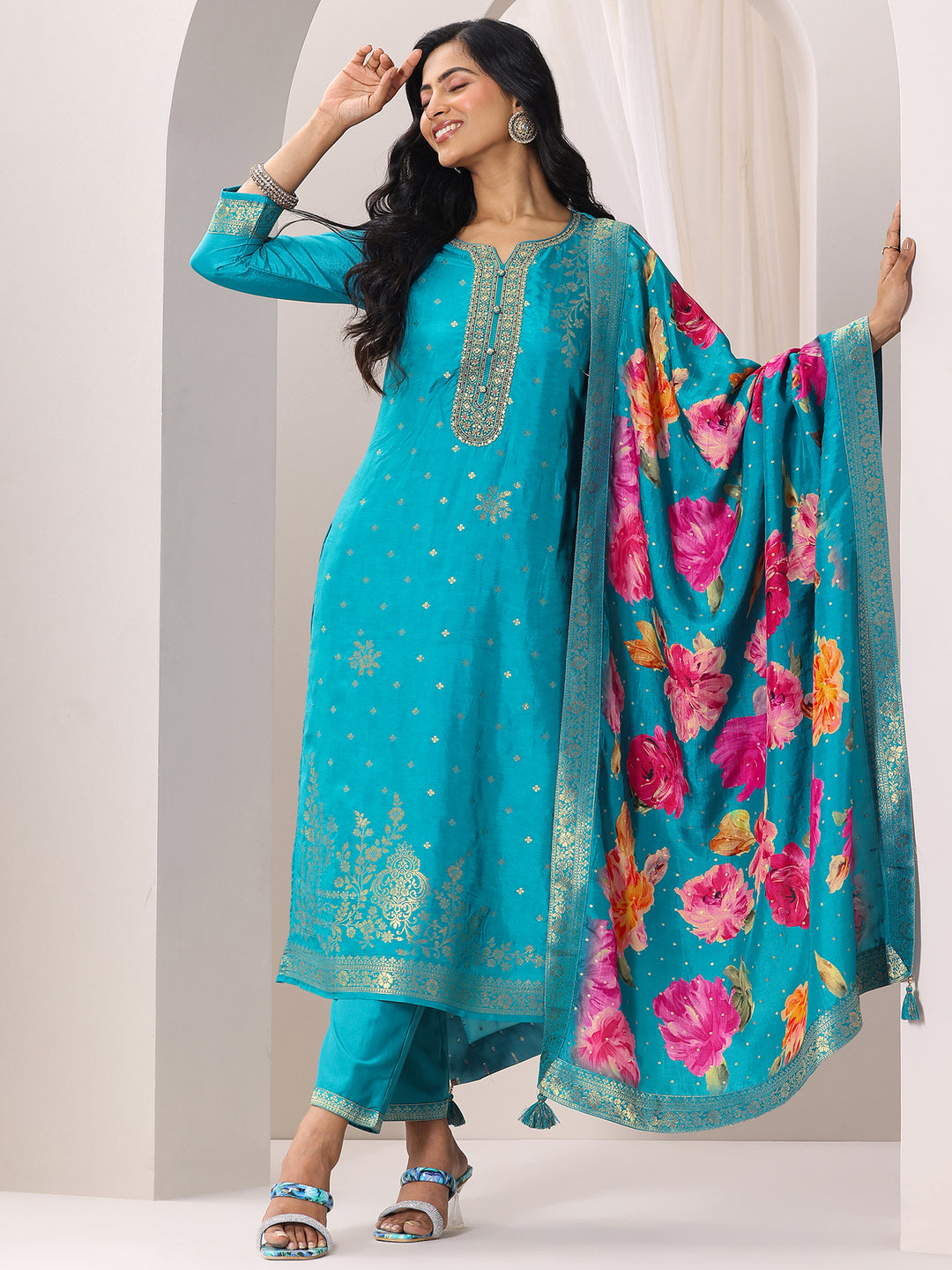 Rama Woven Design Silk Blend Straight Suit Set With Dupatta