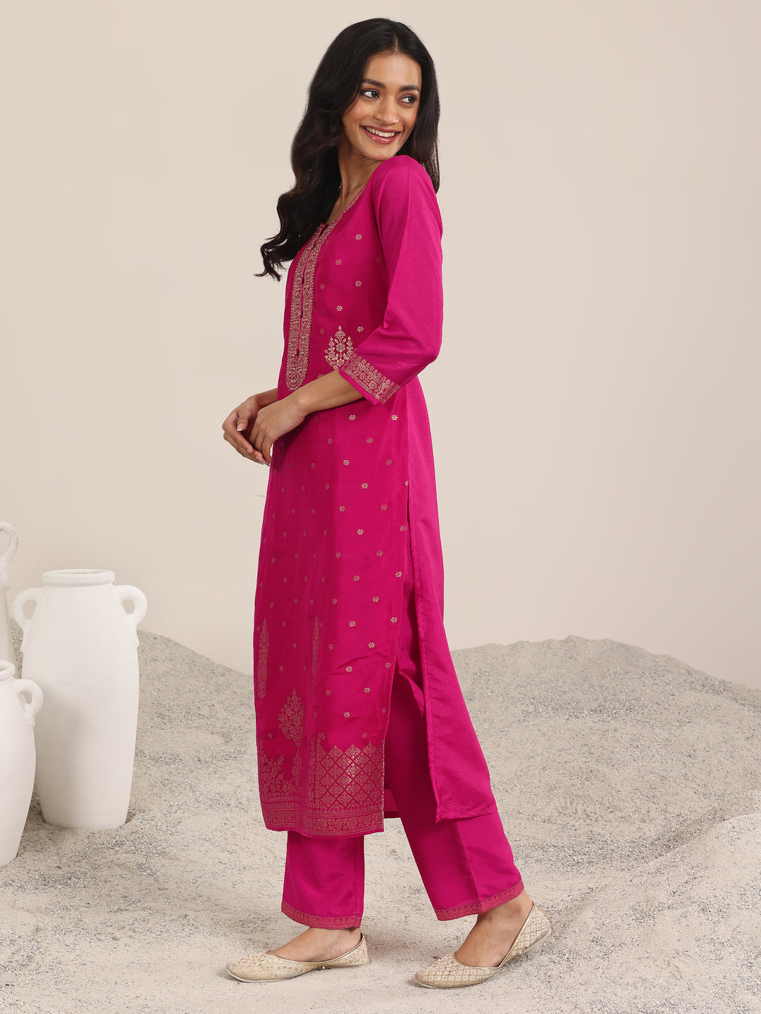 Pink Woven Design Silk Blend Straight Suit With Dupatta