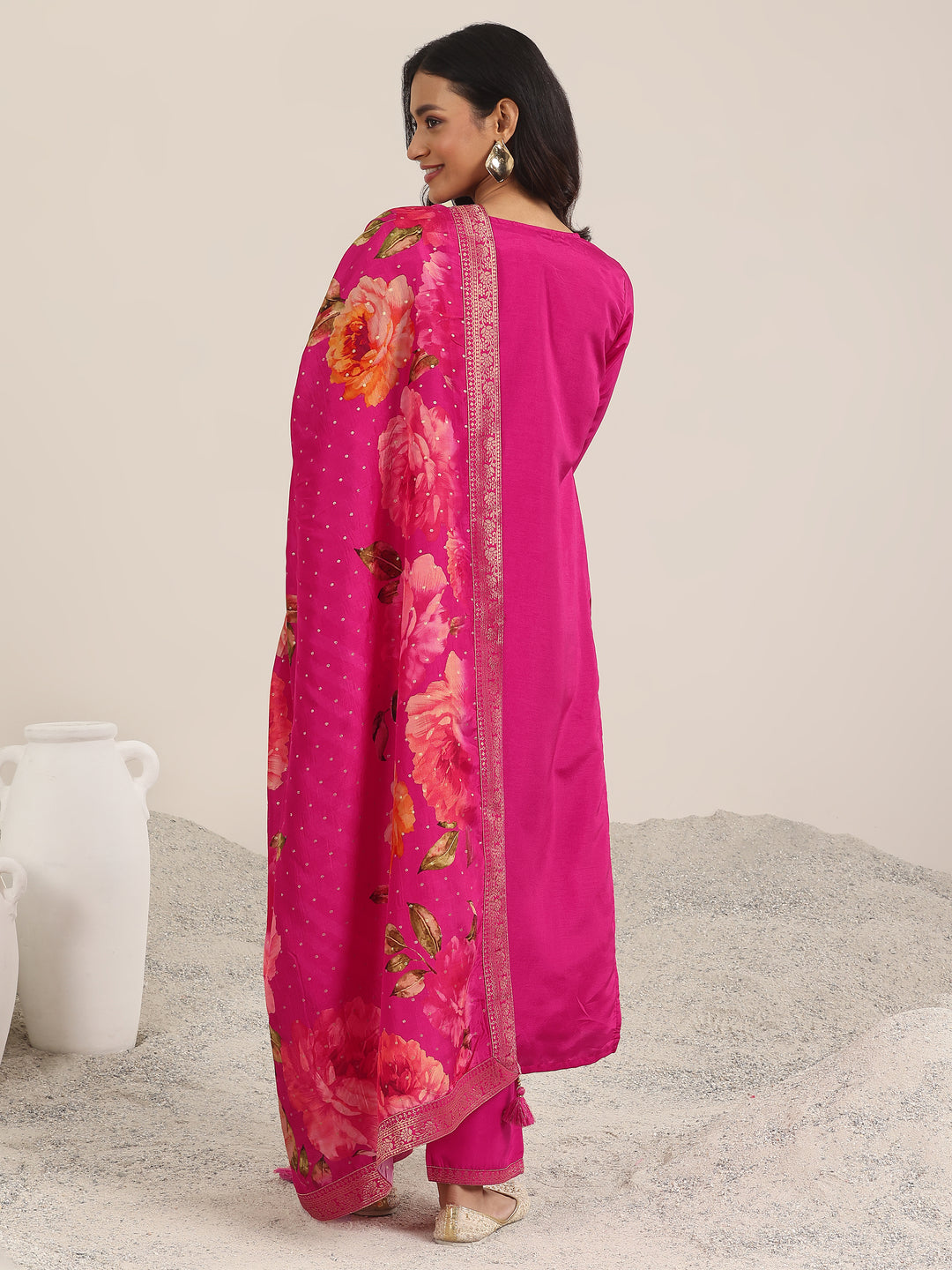 Pink Woven Design Silk Blend Straight Suit With Dupatta