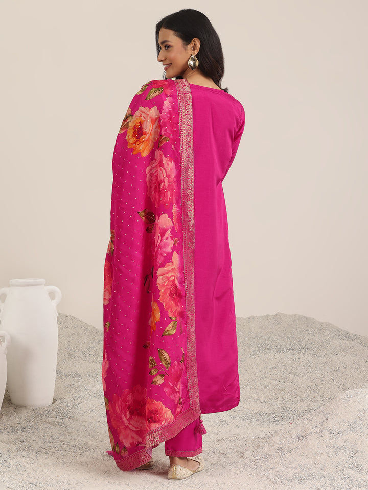 Pink Woven Design Silk Blend Straight Suit With Dupatta